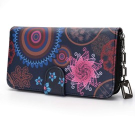 Women's Large Long Format Purse with Flowers and Blossom Pattern, in Mandala and Ethnic Style, Women's Purse with Zip and Press Stud and Many Compartments, Mandala Black,