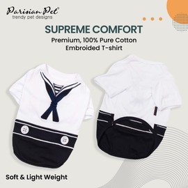 Parisian Pet Dog Shirt - Embroidered Dog Sailor Costume - 100% Cotton & Polyester Pet Clothes - Sleeved Pet Dog t-Shirt - Blue and White Funny Dog Costume for Medium-Sized Dogs - M
