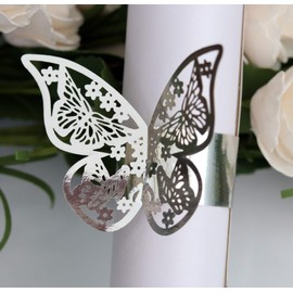 Acfun 50pcs Laser Cut 3D Butterfly Paper Napkin Rings Napkin Holder for Thanksgiving Day Easter Christmas Home Kitchen Hotel Dinners Tables Home Wedding Anniversray Party Tables Decorations (Silver)