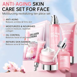 Sakura Skincare Set for Teen Girls 10-in-1 Travel Kit with Collagen Hydrating and Soothing Features Cherry Blossom Gift for Women Moisturizing Restoration Daily Size / 십대 소녀를 위한 사쿠라 스킨케어 세트 콜라겐 수분 공급 및 진정 기능이 포함된 10-in-1 여행 키트 여성을 벚꽃 선물 보습 복구 데일리 Size