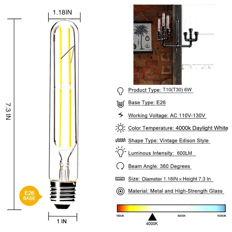 VCTC Lighting Dimmable T10 LED Bulbs,4000K Daylight White,6W Tubular Light