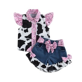 Western Kid Girls Denim Shorts Outfits 1-6T Toddler Baby Ruffle Cow Print Shirt Button Down Tops Belted Jeans Shorts (Denim Blue, 2-3 Years)