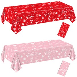 QUERICKY 2 Pack Valentines Day Tablecloths, 220x130cm Rectangle Valentine Love Heart Table Cover for Valentine's Day Party Decorations Anniversary Proposal Engagement Weddings Decor, Red Pink