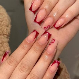 24-PCS French Square Heart Press on Nails,Medium Red Fake Nails,Cute and Romantic LOVE Style False Nails,Glossy and Full Cover Acrylic Nails for Valentine’s Day