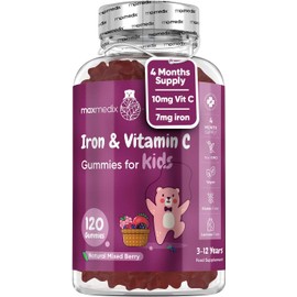 Iron & Vitamin C Gummies for Kids - 4 Months Supply - 120 Gummies - Natural Mixed Berry Flavour - Kids Iron Gummies for Energy & Immune System - Vegan Iron Supplements for Kids - No Aftertaste