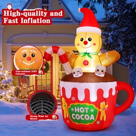 GOOSH 6 FT Christmas Inflatables Outdoor Decorations, Gingerbread Man Blow Up Yard Decorations Sitting in The Hot Cocoa Mug Scene with Built-in LEDs for Indoor Party Garden Lawn Decor