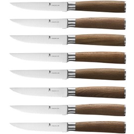 kangdelun Natura Series 4.5” Serrated Steak Knife Set of 8, High Carbon Stainless Steel, Wooden Handle