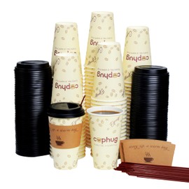 cphug 100 Pack 16 oz Disposable Hot Drink Paper Cups with Lids & Sleeves - Perfect for Hot Beverages, Party, Office, and Home Use