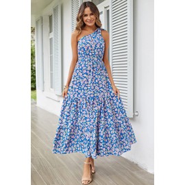 PRETTYGARDEN Women's Summer Floral Maxi Dress Knot One Shoulder Sleeveless Ruffle Flowy Boho Beach Wedding Guest Dresses (Blue Floral,X-Large)