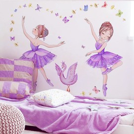WandSticker4U® - Wall Sticker for Children's Room Girls Ballerina Purple (119 x 73 cm) I Wall Sticker Ballerina Ballet Dancer Swan Butterflies I Wall Sticker Nursery Decoration Girls Baby Room Large