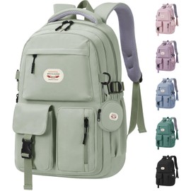 BECOJADDE Backpack School Bag Womens Girls with 15.6'' Laptop compartment, Water Resistant Rucksack with Coin Purse, Daypack for College, Work & Travel, Ideal for Teens & Students Green