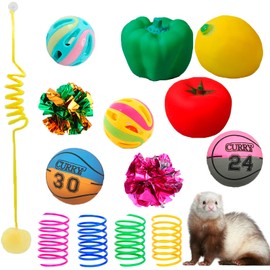 14pcs Ferret Squeaky Toys Set Rubber Balls Ferret Teeth Grinding Chewing Balls Teething Bouncy Bell Ball Interactive Sound Squeaker Toy Exercise Scratch Chew Toy for Ferrets Pet Cat Dog Small Animals
