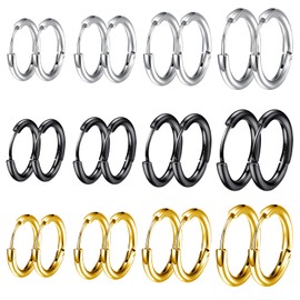 JSTHHTT 12 Pairs Small Hoop Earrings, Earrings for Women, Silver Hoops Earrings for Women Sleeper Small Hoop Earrings Tiny Mini Hoop Earrings for Girls Women 8/10/12/14 mm (Silver, black, gold)