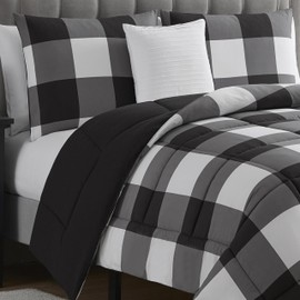7 Piece Comforter Set Bag Solid Color All Season Soft Down Alternative Blanket & Luxurious Microfiber Bed Sheets, King, Buffalo Plaid Black/White