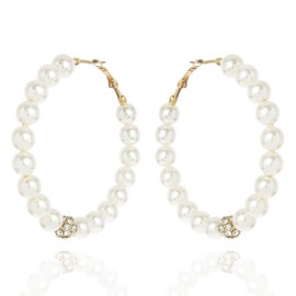 SP SOPHIA COLLECTION Elegant Pearl Hoop Earrings for Women with Rhinestone Ball in Gold Ivory