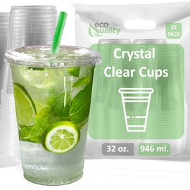 EcoQuality 32 oz Clear Plastic Disposable Cups with Lids and Smoothie Straws - Clear PET Cup for Smoothies, Protein Shakes, Bubble Tea, Iced Coffee, Boba, Fresh Juice, Meal Prep, Party Cup (25)