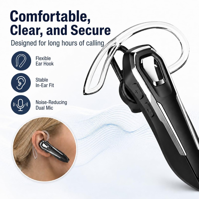 Sellwell Sliver Bluetooth Earpiece with Mic, Mono Wireless Headset, 30H