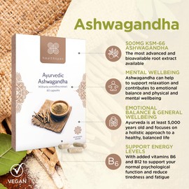Healthspan Ashwagandha | 60 Capsules | Supports Relaxation & Mental Wellbeing | 500mg KSM-66 Ashwagandha | Added Vitamins B6 & B12 | Ayurvedic | Vegan