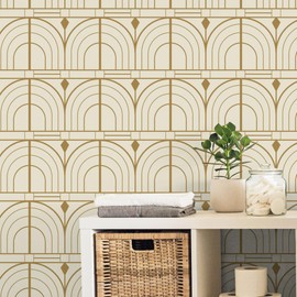 Ismoon Geometric Peel and Stick Wallpaper Beige/Gold Wallpaper Peel and Stick Modern Wall Paper Boho Contact Paper Removable Wallpaper Vinyl Self Adhesive Wallpaper for Living Room 16.1"X78.7"