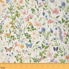 Feelyou Flower Fabric by The Yard 2 Yards Butterfly Decorative Waterproof Outdoor Fabric for Boys Girls Floral Blossom Upholstery Fabric for Chairs Natural Theme DIY Reupholstery Fabric