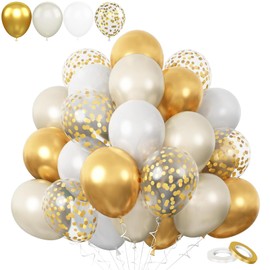 60Pack White Gold Balloons Set, 12Inch Thick Latex Pearl Sand White Metallic Golden Balloons with Confetti for Wedding Anniversary, Baby Shower, Birthday Party Decorations