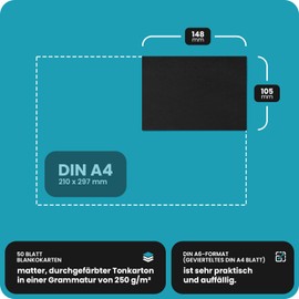 Netuno Pack of 50 Bristol Cardboard, Black, DIN A6, 105 x 148 mm, 250 g, Black Index Cards, Blank Cards Set, Coloured Cardboard, Craft Paper, Colourful Craft Cardboard, Thick Cardboard, Coloured