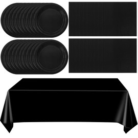 Juhap 49Pcs Black Birthday Party Decorations Black Party Supplies Set Include 24 Plates 24 Napkins and 1 Tablecloth, Disposable Black Tableware for Birthday Wedding Graduation Baby Showers Party