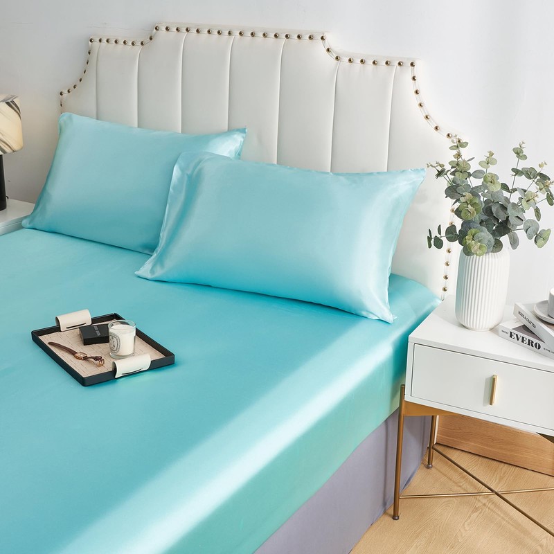 JHCHMX Satin Blue Fitted Sheets King Bed,Deep Pocket Soft Bed