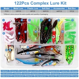 JasCherry Artificial bait with a tackle box, mixed fishing bait, contains spinnerbaits, hard baits, plastic worms, frogs, VIB, height hooks, single hooks, swivels, pliers etc