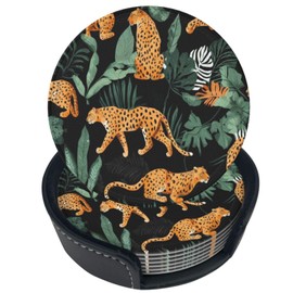 Famame 6 Pcs Vintage Jungle Leopard Palm Leather Coasters for Drinks with Holder Coaster Sets Drink Table Cup Coasters for Living Room Kitchen Coffee Decor