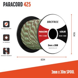 Brotree 3mm Paracord 425 100% Nylon 30M Rope 3 Strands Type II Parachute Cord for Outdoor, Craft, DIY - 192kg Breaking Load (Army Green Camo)
