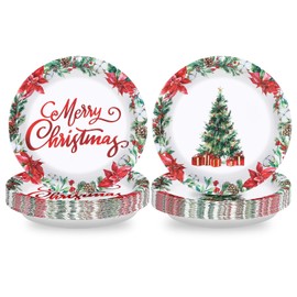 Greencian 50Pcs Christmas Paper Plates 9" Poinsettia Flower Xmas Tree Plates Disposable Poinsettia Floral Platter Dinner Tableware for Merry Christmas Winter Holiday Xmas Party Decorations