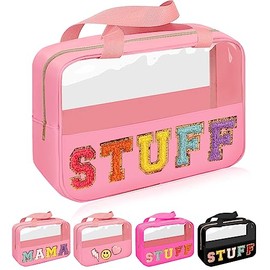 Iqimott - Bolsa de chenilla con letra de felpilla para cosméticos, bolsa grande de almacenamiento de artículos de cambiador con asa, Stuff-Pink-new, M