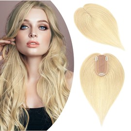 S-noilite Silk Base Clip In On Hair Topper Human Hair Remy Crown Topper Wigs Clip On Toupee Top Hairpiece For Women With Hair Loss Thinning Hair 120% Density,6 inch Bleach Blonde