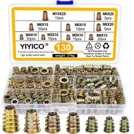 YIYICO Threaded Insert Wood Screw-In Nuts M4 M5 M6 M8 M10 Pack of 130 Zinc Alloy Hex Nuts Assortment for Wooden Furniture