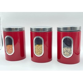 Royal Cuisine Stainless Steel Round Canister Set Of 3 Clear Window and Multi Food Storage Jars (Red)