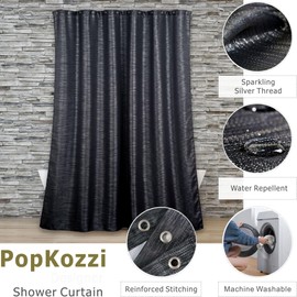 Black Sparkly Glitter Shower Curtain: Silver Metallic Shimmery Bling Shiny Textured Fabric Decorative Shower Curtains for Bathroom - Glam Fancy Luxury Modern Chic Design Waterproof Washable - 72x72