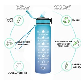 Drinking Bottle 1 Litre, BPA-Free Tritan Water Bottle with Straw, Sports Water Bottle with Time Marking for Fitness, School, Yoga, Outdoor
