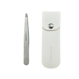 COZENTA Tweezers, Precision, Flat, Beard, Eyebrow, Square Plug, Genuine Leather Storage Case (Flat Mouth)