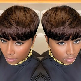 Flandi Pixie Cut Wig Human Hair Short Human Hair Wigs for Black Women Glueless Wigs Short Curly wigs With Bangs For Daily Use Color 1b