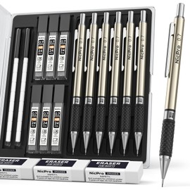 Nicpro 0.7 mm Art Mechanical Pencils Set, 6 PCS Metal Drafting Pencil 0.7mm Tube HB Lead Refills & 18 Cap Eraser for Adults, Children, Artist Writing, Drawing, Sketching, Black