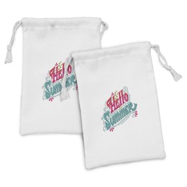 Ambesonne Hello Summer Fabric Pouch Set of 2, Handwritten Vintage Calligraphy with Floral Details, Small Drawstring Bag for Toiletries Masks and Favors, 9" x 6", Sea Green Magenta