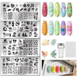 UNICRAFTALE 4 Stück Nagelstempelplatten Set Sommerstrand Hawaii Nagelkunst Stempelvorlagen Edelstahl Nagelschablonen Set Mit Stempel Und Abstandshalter Für Hause Salon Maniküre Design Zubehör