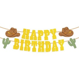 Losuya West Party Banners Wild West Happy Birthday Bunting Garland for Western Birthday Party Decorations (Gold)
