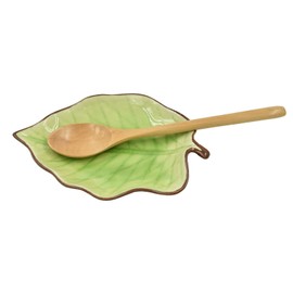 Green Spoon Rest Spoon Holder for Stove Top Kitchen Counter with Wooden Spoon, Farmhouse Decor Leaf Shape Spatula Holder Ceramic, 5.1 W x 7.5 L