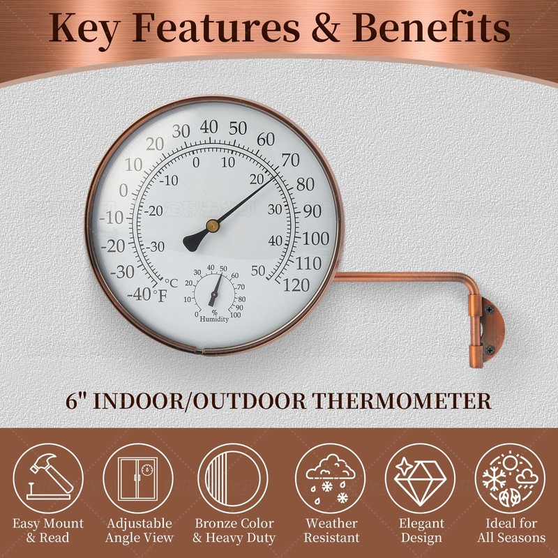 6-Inch Outdoor Thermometer for Patio. Accurate Window Thermometer for Outside