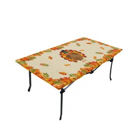 Fitted Tablecloth for 6 ft Table,Thanksgiving Turkey Orange Pumpkin Fall Maple Leaf Fitted Elastic Edge Table Cover for Rectangle Tables,Farm Harvest Retro Linen Waterproof Table Cloth for Kitchen