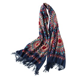 Urban CoCo Women's Embroidered Oversize Tassel Shawl Scarf Wraps for Women (Navy Blue)