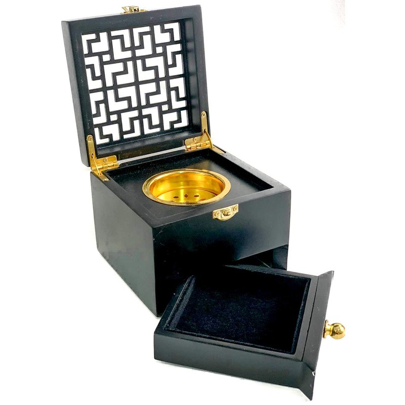 Nazareth Store Charcoal Incense Burner Resin Holder Black Natural Wood