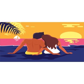 Ambesonne Graphic Beach Pencil Pen Holder, Romantic Couple Sits on Coast and Watches Sunset Horizon in Abstract Colors, Ceramic Pencil Holder for Desk Office Accessory, 3.6" X 3.2", Multicolor